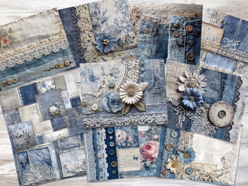 Denim & Lace Junk Journal Pages | 11x8.5” Printable Vintage Blue ...