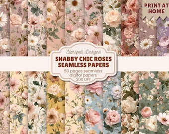 Papel digital vintage shabby chic con rosas rosas, paquete de papel imprimible sin costuras, papel para álbum de recortes con estampado floral pequeño, collage, producto para diario basura.