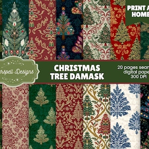 Papel digital navideño con diseños de damasco y árboles de Navidad, ideal para álbumes de recortes, diarios, manualidades y diseños festivos.