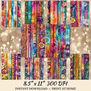 The image is a collage of various colorful and textured fabric strips, beads, and floral elements arranged in a visually appealing manner.