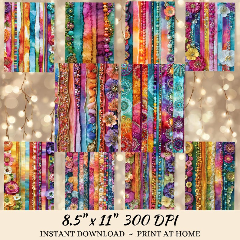 The image is a collage of various colorful and textured fabric strips, beads, and floral elements arranged in a visually appealing manner.