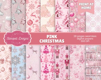 Pink Christmas Seamless Digital Papers | 28 Soft Festive Scrapbook, Journals, Holiday Crafts, Pastel Christmas Patterns, Cute Winter Texture