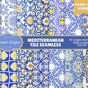 Puede incluir: Una colección de papeles digitales sin costuras con diseños de azulejos mediterráneos. Los patrones son en tonos azules, amarillos y blancos, con motivos florales y geométricos. El texto dice "Mediterranean Tile Seamless" y "Print at Home".