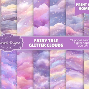 May include: A collection of 24 seamless digital papers with a fairy tale theme. The papers feature a dreamy design of glitter clouds in shades of purple, pink, and blue. The text on the image reads "Fairy Tale Glitter Clouds" and "Print at Home."