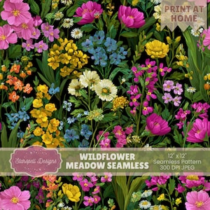 May include: A vibrant floral pattern featuring a dense arrangement of wildflowers in shades of pink, yellow, blue, and white against a black background. The design includes text that reads "Wildflower Meadow Seamless" and "12 x 12" Seamless Pattern 300 DPI JPEG".