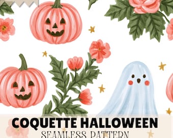 Coquette Halloween Seamless Pattern, Pink Pumpkin Ghost Floral Digital Paper, Girly Halloween Fabric, Cute Spooky Pattern, 12x12 JPG