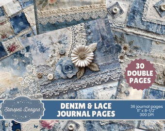 Denim & Lace Junk Journal Pages | 11x8.5” Printable Vintage Blue ...