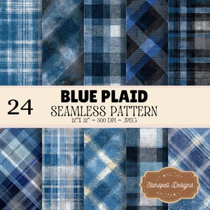 Blauwe geruite naadloze patronen | 24 digitale papieren rustieke denim voor scrapbooking, tijdschriften, ambachten en boerderijontwerp