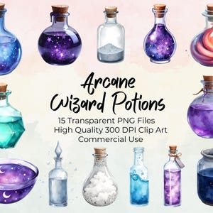 Può includere: Illustrazione ad acquerello di varie bottiglie di pozioni con tappi di sughero. Le bottiglie contengono liquidi colorati ed effetti stellati. Il testo recita "Arcane Wizard Potions" e "15 file PNG trasparenti di alta qualità 300 DPI Clip Art Uso commerciale."