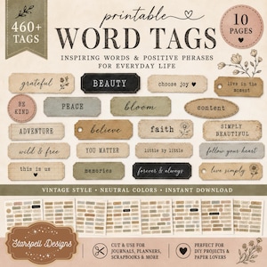 May include: A collection of printable word tags featuring 460+ tags across 10 pages. The tags display inspiring words and positive phrases in various fonts and neutral colours, including beige, tan, olive green, and black, with floral illustrations.