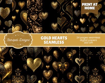 Motifs coeurs dorés sans couture | 24 papiers numériques métalliques sur le thème de l'amour pour carnets de scrapbooking, mariages, faire-part, travaux manuels et création romantique