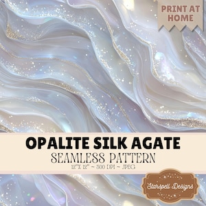 Può includere: Un motivo digitale senza cuciture intitolato OPALITE SILK AGATE con onde fluide bianche e blu iridescente con accenti di glitter dorati. L'immagine include il testo PRINT AT HOME, OPALITE SILK AGATE SEAMLESS PATTERN 12" X 12" ~ 300 DPI ~ JPEG e Starspell Designs.