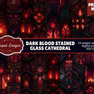 May include: Digital art print showcasing a dark, gothic cathedral design with red and black stained glass windows. The image includes the text "Dark Blood Stained Glass Cathedral" and "Print at Home."