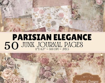 Strony dziennika „Paryska Elegancja” – 50 klasycznych francuskich papierów do druku, różowo-kwiatowe tekstury, romantyczne paryskie tła w stylu shabby chic