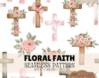 Floral Faith Seamless Pattern, Pink Watercolor Cottagecore Crosses | Digital Paper | Christian Fabric Design | 12X12 JPG