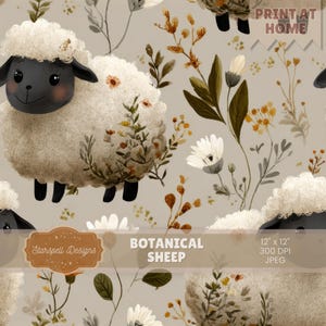 Op de afbeelding: Een herhalend patroon met cartoon schapen met pluizige witte wol en zwarte gezichten, afgewisseld met botanische illustraties van bloemen en bladeren in groen, bruin en geel. De tekst "BOTANICAL SHEEP" wordt weergegeven.