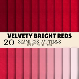 May include: A digital collection of 20 seamless patterns featuring vertical stripes in various shades of red, ranging from deep crimson to light pink. The text VELVETY BRIGHT REDS 20 SEAMLESS PATTERNS 12"X 12" ~ 300 DPI ~ JPEG is centered on the image.