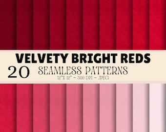 Red Velvet Digital Paper Pack, Bright Red & Pink Seamless Patterns, Crimson Scarlet Blush Fabric Texture Backgrounds, 20 JPG Papers