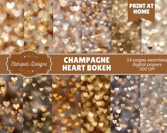 Champagne Gold Heart Bokeh Seamless Patterns | 24 Elegant Romantic Digital Papers for Scrapbooking, Journals & Luxe Crafts