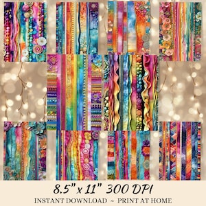a collection of vibrant, colorful, and textured fabric strips and ribbons, arranged in a grid-like pattern. The image is described as a "collage of multiple images" and "300 DPI" and is labeled as "8.5" x 11" - "300 DPI" for size and "INSTANT DOWNLOAD - PRINT AT HOME" for download instructions.