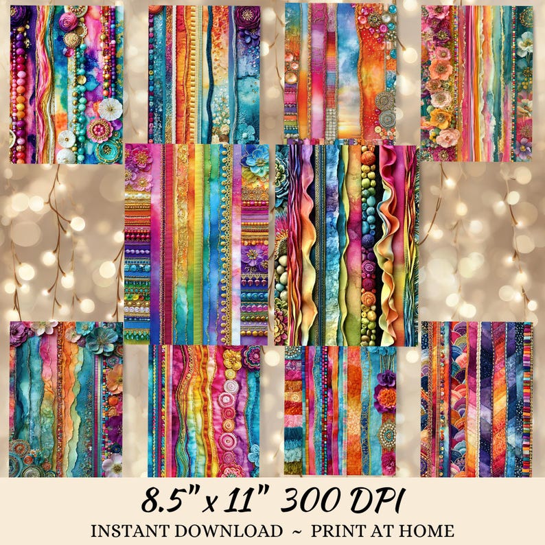 a collection of vibrant, colorful, and textured fabric strips and ribbons, arranged in a grid-like pattern. The image is described as a "collage of multiple images" and "300 DPI" and is labeled as "8.5" x 11" - "300 DPI" for size and "INSTANT DOWNLOAD - PRINT AT HOME" for download instructions.