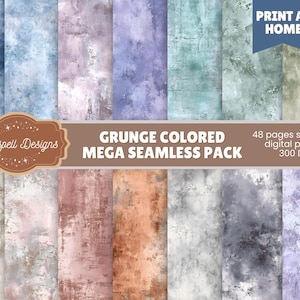 May include: A collection of grunge-textured digital papers in various colors, including blue, purple, and beige. The image features the text "GRUNGE COLORED MEGA SEAMLESS PACK" and "PRINT AT HOME". The papers are designed for digital use.