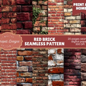May include: A digital paper set featuring various red brick seamless patterns. The image showcases a collection of brick textures in shades of red, brown, and gray. The text on the image reads "Red Brick Seamless Pattern" and "Print at Home."