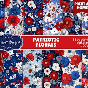 Patriotic Florals Seamless Digital Papers | Red White Blue Floral Scrapbooking Patterns for 4th of July, Memorial Day, Vintage Americana