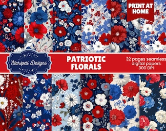 Papiers numériques sans couture Florals patriotiques | Motifs de scrapbooking floraux bleu blanc rouge pour le 4 juillet, Memorial Day, Americana vintage