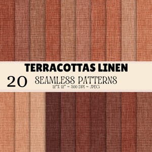 Puede incluir: Una colección digital de 20 patrones sin costuras con una textura de lino terracota en varios tonos de marrón, naranja y rojo. La imagen incluye el texto TERRACOTTAS LINEN 20 SEAMLESS PATTERNS 30,48 CM X 30,48 CM ~ 300 DPI ~ JPEG.
