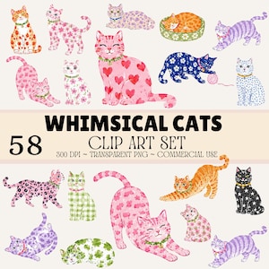 Nyckfulla katter clipart-set – 58 söta katter PNG-grafik, akvarell kattunge-clipart, handmålade kattillustrationer, transparenta PNG-bilder