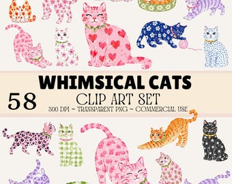 Whimsical Cats Clip Art Set – 58 Cute Cat PNG Graphics, Watercolor Kitty Clip Art, Hand Painted Cat Illustrations, Transparent PNG Images