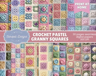Crochet Pastel Granny Squares Seamless Scrapbooking Patterns | 30 Colorful Yarn Texture Digital Papers, Scrapbooks, Journals, Crafts