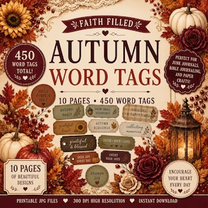 May include: A digital collection of 450 autumn-themed word tags across 10 pages, featuring text like 'autumn magic' and 'grateful & blessed'. The design includes sunflowers, pumpkins, fall leaves, and a lantern on a cream background.