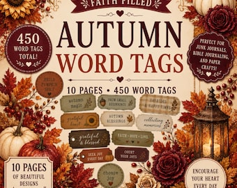 Autumn Word Tags Printable, Faith Filled Fall Junk Journal Tags, Bible Journaling Ephemera, 450 Autumn Words & Phrases