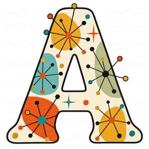 Puede incluir: Una letra A mayúscula con fondo color crema, decorada con formas abstractas coloridas en naranja, verde azulado y verde oliva, acentuada por patrones de estrellas negros, líneas finas y pequeños círculos de varios colores.