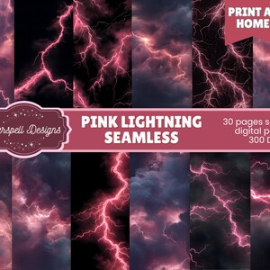 May include: Digital paper set featuring pink lightning bolts against a dark, stormy sky. The image includes the text "Pink Lightning Seamless" and "Print at Home". The set contains 30 seamless digital papers at 300 DPI.