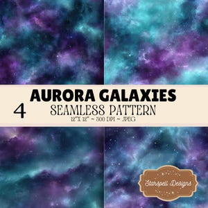 Digitaal papier met naadloos patroon van aurora-sterrenstelsels – 4 dromerige kosmische nevelachtergronden, printbare hemelse ruimte