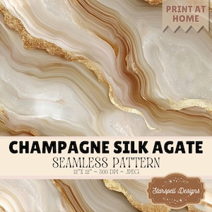 May include: A digital seamless pattern featuring flowing champagne, beige, and white agate stone textures with shimmering gold glitter veins. Text reads: PRINT AT HOME, CHAMPAGNE SILK AGATE SEAMLESS PATTERN, 12" X 12" ~ 300 DPI ~ JPEG, Starspell Designs.