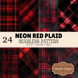 May include: A collection of 24 neon red and black plaid seamless patterns in a 12 inch by 12 inch format at 300 DPI. The image displays various grid and diagonal check designs with a textured appearance and includes the text NEON RED PLAID.