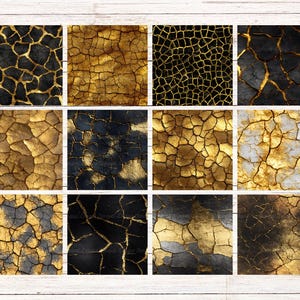 May include: A collection of twelve square digital art prints featuring abstract cracked textures. The designs showcase a variety of color palettes, including black and gold, and shades of brown and gold. The textures resemble aged surfaces.