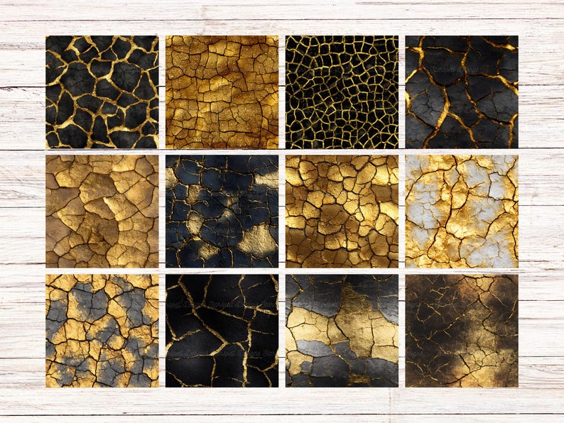May include: A collection of twelve square digital art prints featuring abstract cracked textures. The designs showcase a variety of color palettes, including black and gold, and shades of brown and gold. The textures resemble aged surfaces.