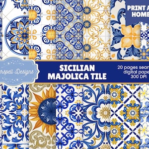 Könnte beinhalten: Eine Sammlung digital erstellter sizilianischer Majolika-Fliesenmuster. Die Muster zeigen blaue, gelbe und weiße Blumen- und geometrische Motive. Der Text enthält "Starspell Designs", "Sicilian Majolica Tile", "Print at Home" und "20 pages seamless digital papers 300 DPI".