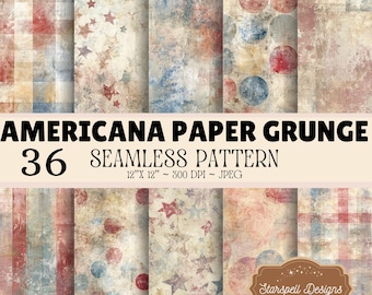 Wzór grunge z papieru Americana, 36 patriotycznych teł w stylu vintage, postarzane papiery do scrapbookingu w kolorze czerwono-biało-niebieskim, 36 bezszwowych tekstur