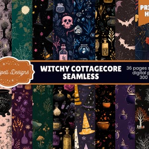 May include: A collection of seamless digital papers with a witchy cottagecore theme. The designs feature various patterns including bats, potion bottles, witch hats, skulls, and botanical elements. The image includes the text "Witchy Cottagecore Seamless" and "Print at Home".