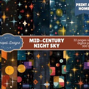 May include: Digital papers with a mid-century night sky design. The patterns include starbursts, geometric shapes, and celestial motifs in blue, orange, and yellow. The text reads "Starspell Designs" and "MID-CENTURY NIGHT SKY".