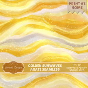 May include: A seamless pattern with a golden sunwave agate design. The artwork features flowing, layered bands of yellow, gold, and white with sparkling accents. The text on the image reads "Golden Sunwaves Agate Seamless" and "Print at Home".