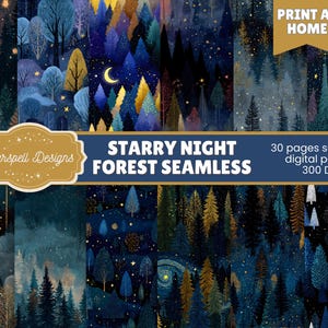 Pode incluir: Impressão de arte digital com um design de floresta noturna estrelada sem costura. A imagem mostra árvores em tons de azul, dourado e verde, com uma lua crescente e estrelas. O texto diz "STARRY NIGHT FOREST SEAMLESS".