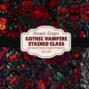 Gotiska vampyrrosor målat glasmönster: Mörk fantasi digitalt papper (20 JPG, 12"x12")