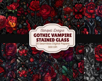 Gothic Vampire Roses Stained Glass Pattern: Dark Fantasy Digital Paper (20 JPGs, 12"x12")